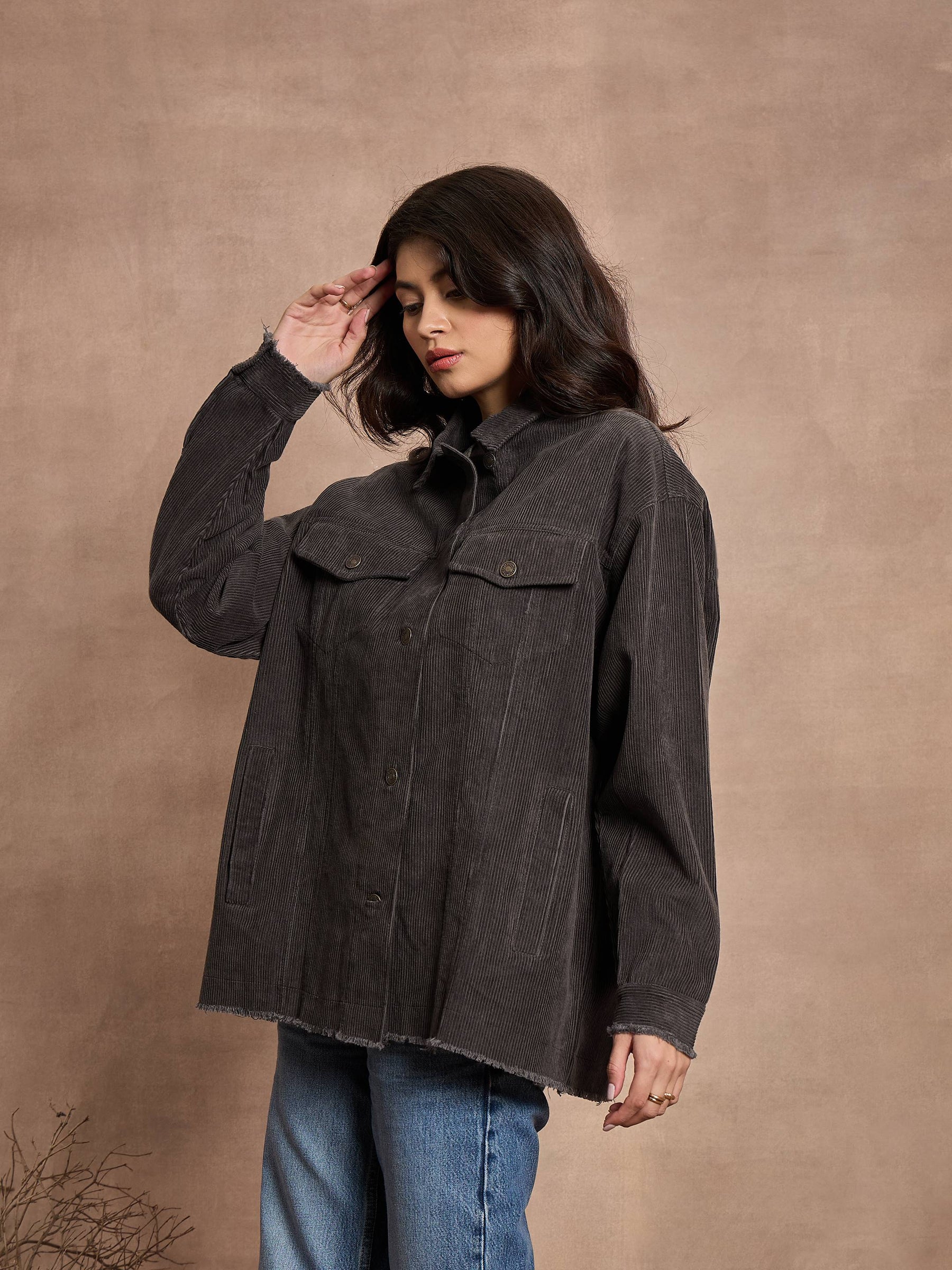 Dark Grey Corduroy Oversize Shacket-SASSAFRAS