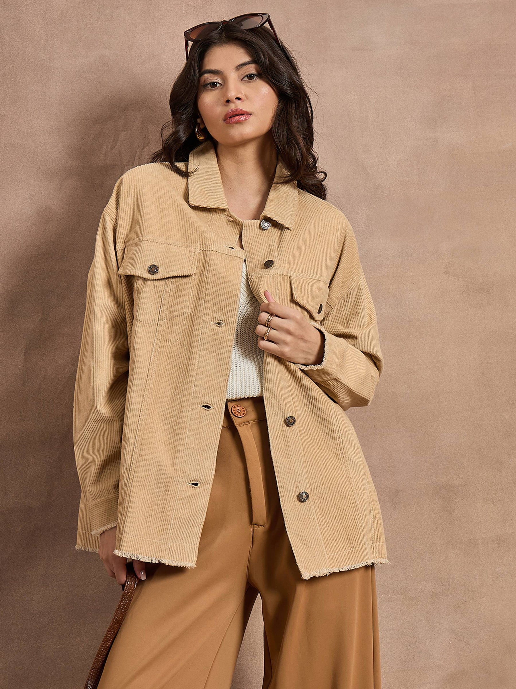 Beige Corduroy Oversize Shacket-SASSAFRAS