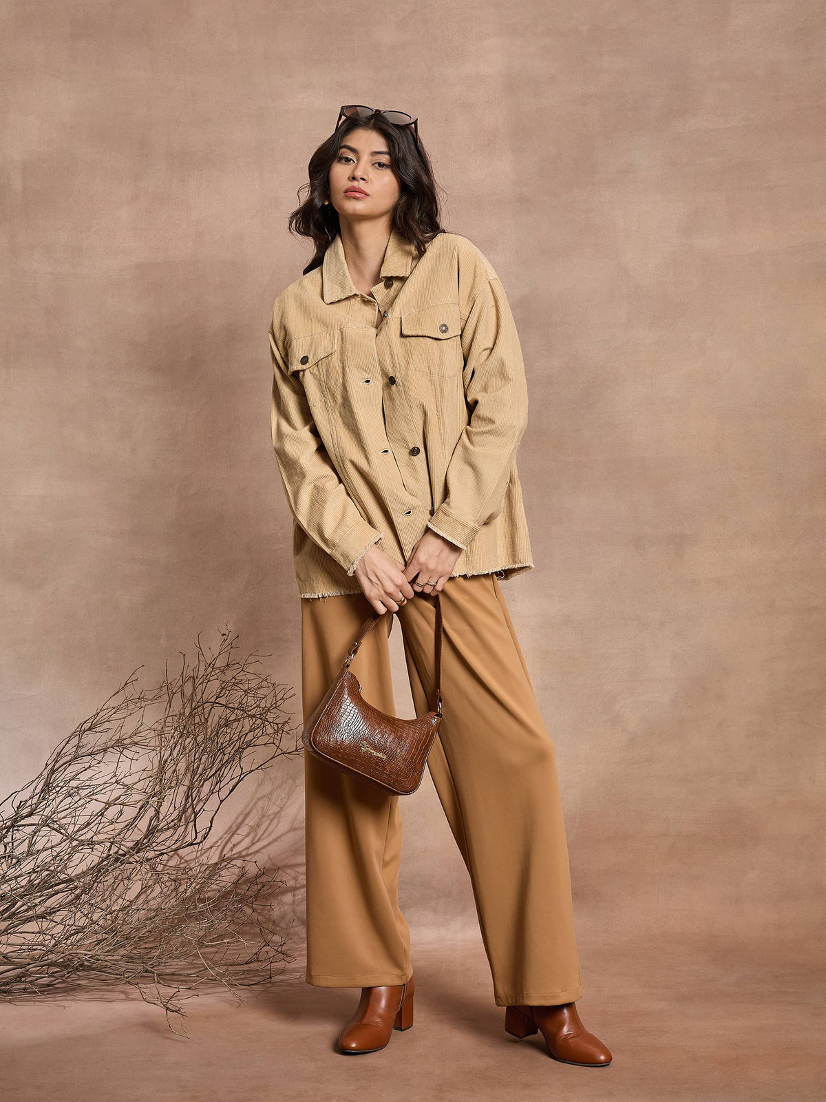 Beige Corduroy Oversize Shacket-SASSAFRAS