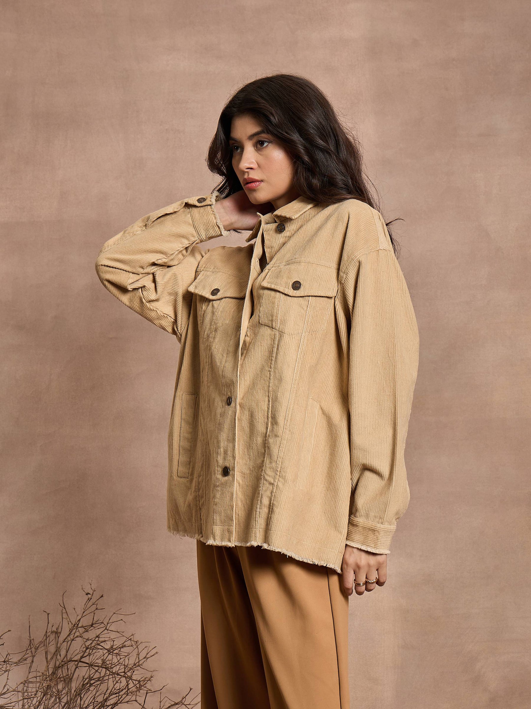 Beige Corduroy Oversize Shacket-SASSAFRAS