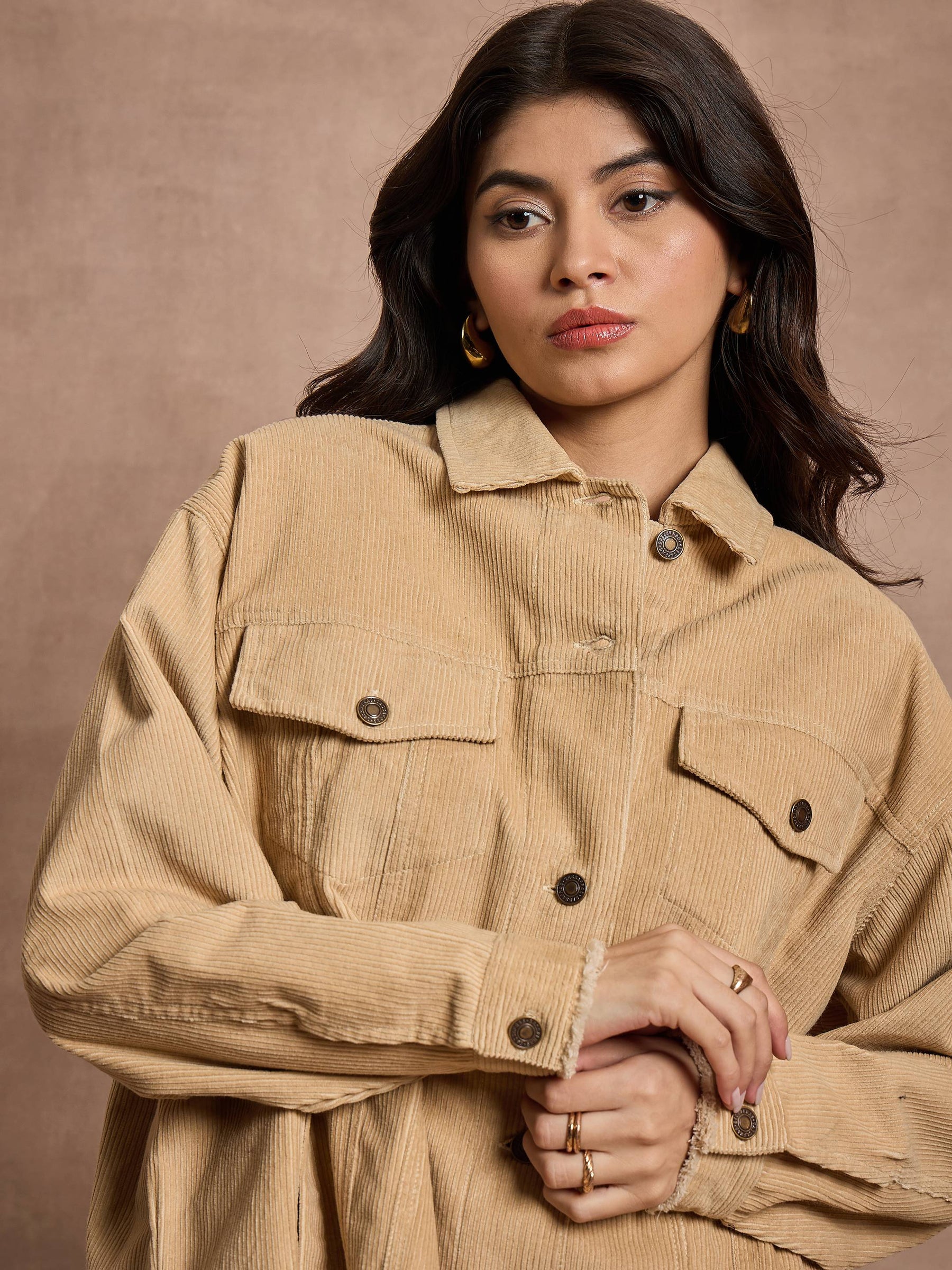 Beige Corduroy Oversize Shacket-SASSAFRAS