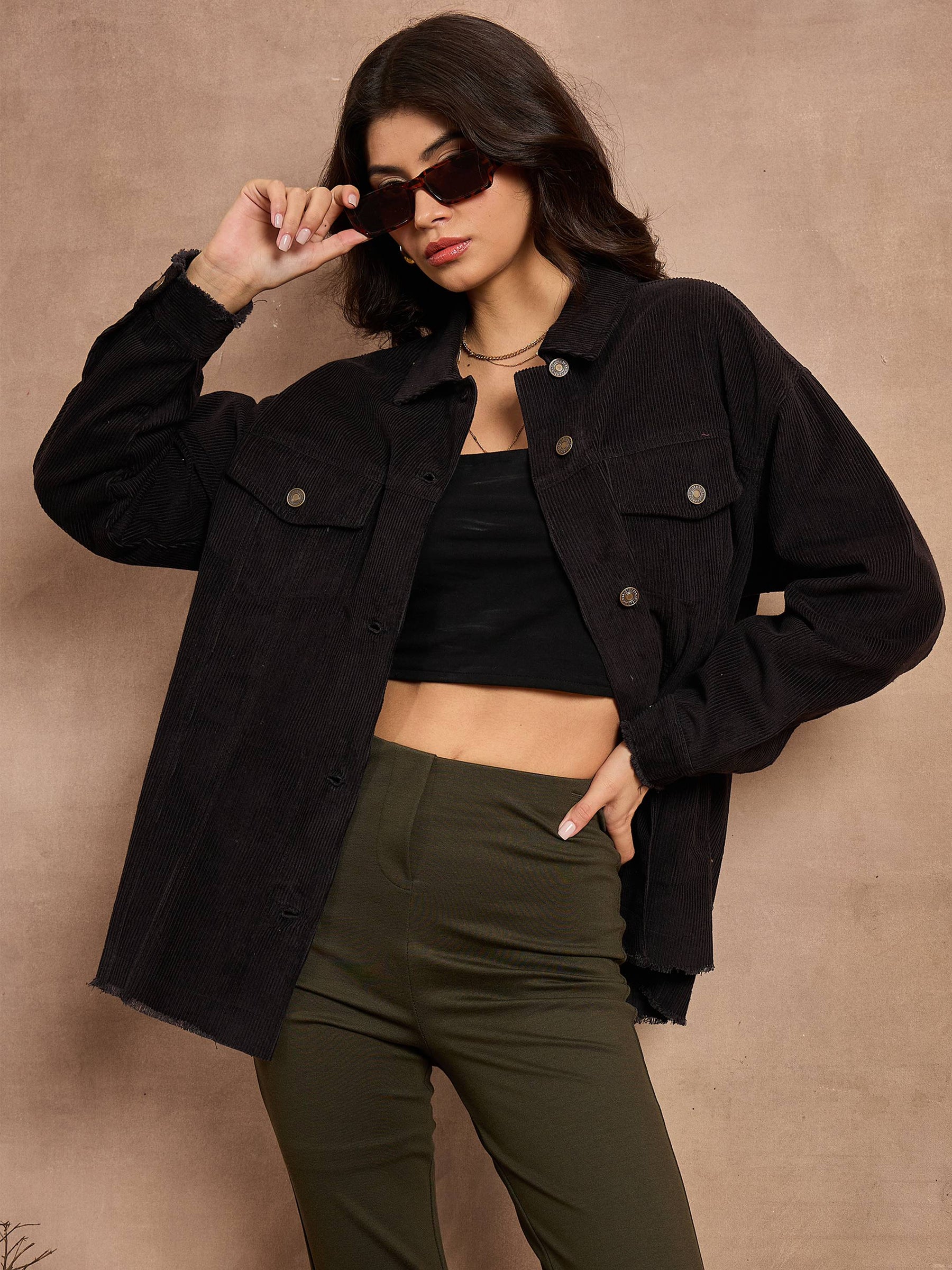 Black Corduroy Oversize Shacket-SASSAFRAS