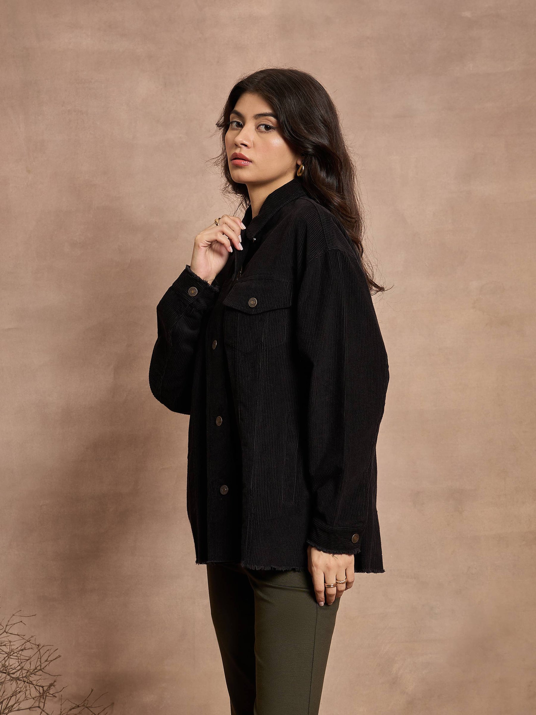 Black Corduroy Oversize Shacket-SASSAFRAS