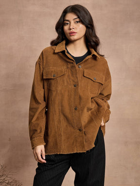 Brown Corduroy Oversize Shacket-SASSAFRAS