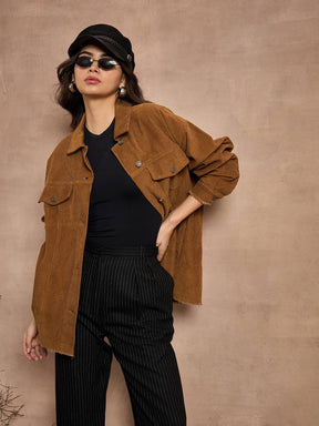 Brown Corduroy Oversize Shacket-SASSAFRAS