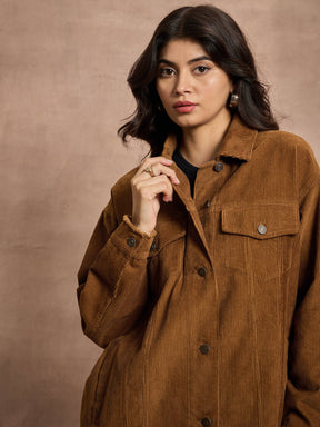 Brown Corduroy Oversize Shacket-SASSAFRAS