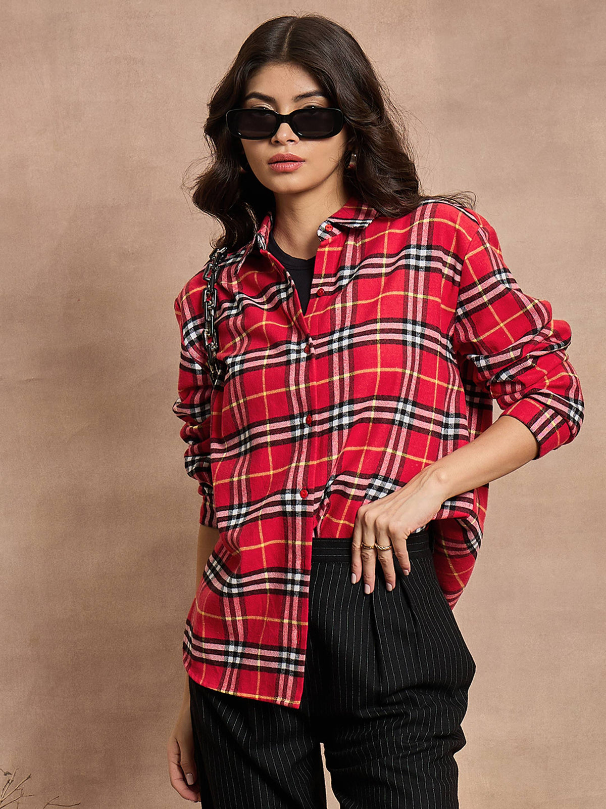 Red Check Oversized Shirt-SASSAFRAS