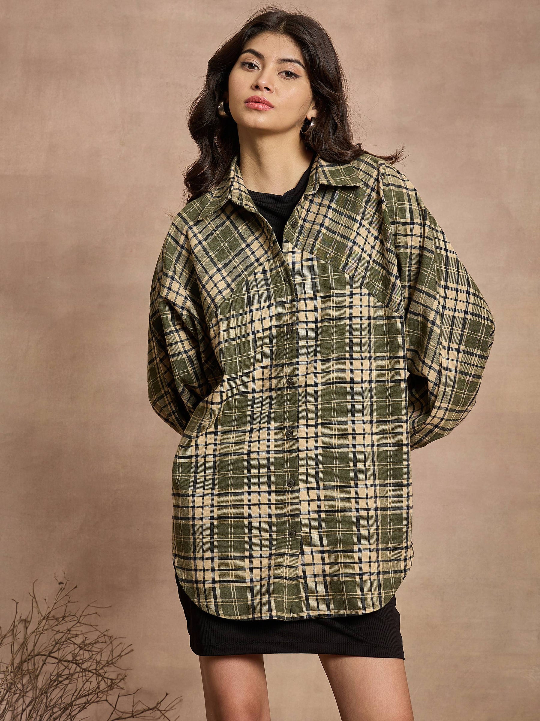 Green & Beige Checked Oversized Shirt-SASSAFRAS