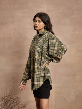 Green & Beige Checked Oversized Shirt-SASSAFRAS