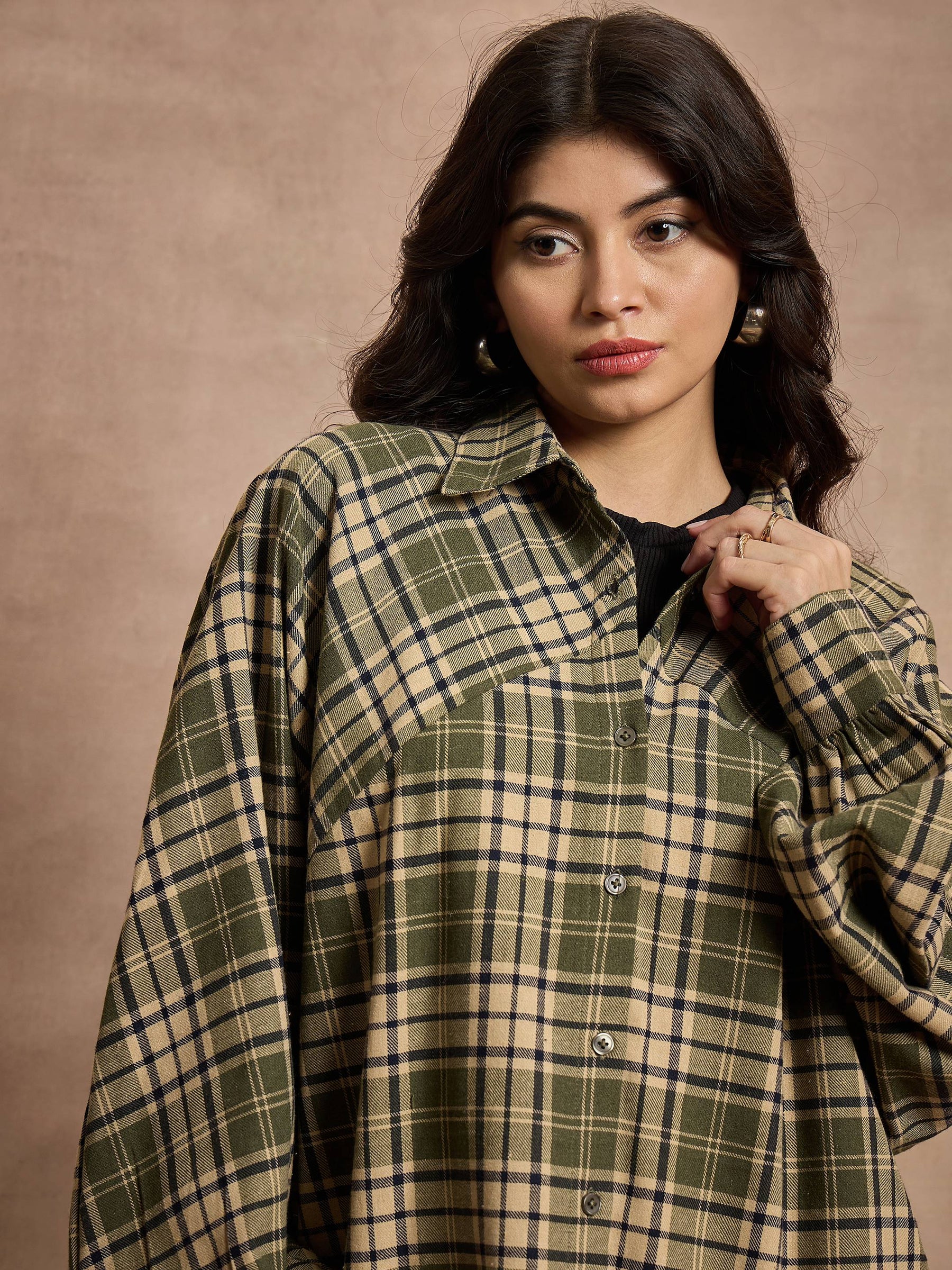 Green & Beige Checked Oversized Shirt-SASSAFRAS