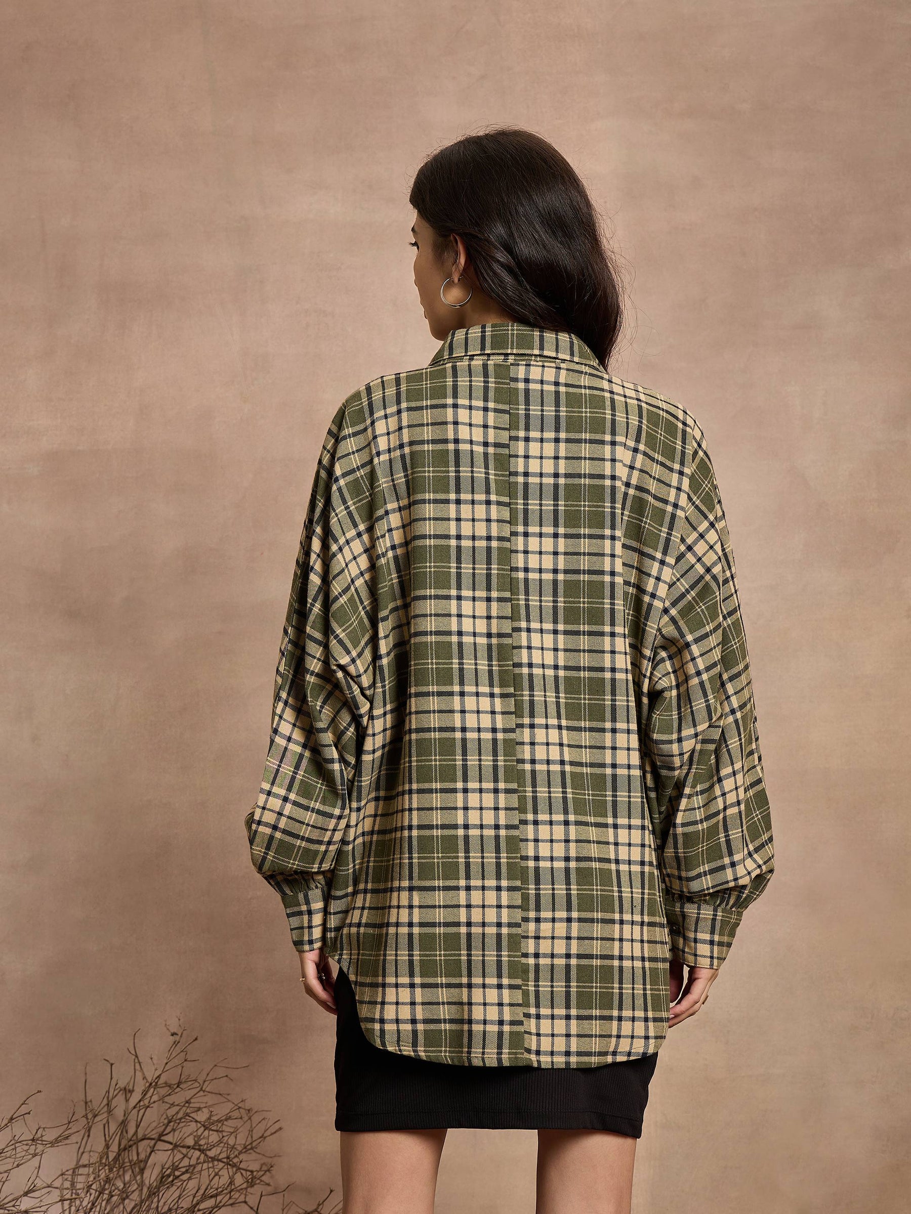 Green & Beige Checked Oversized Shirt-SASSAFRAS