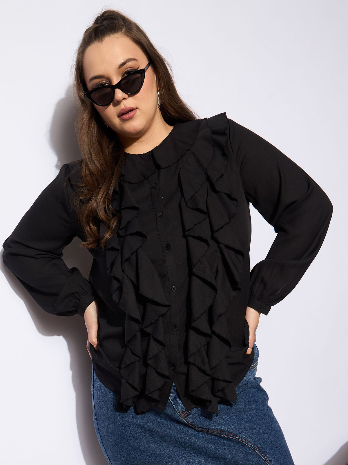 Black Solid Summercool Ruffle Shirt -SASSAFRAS Curve