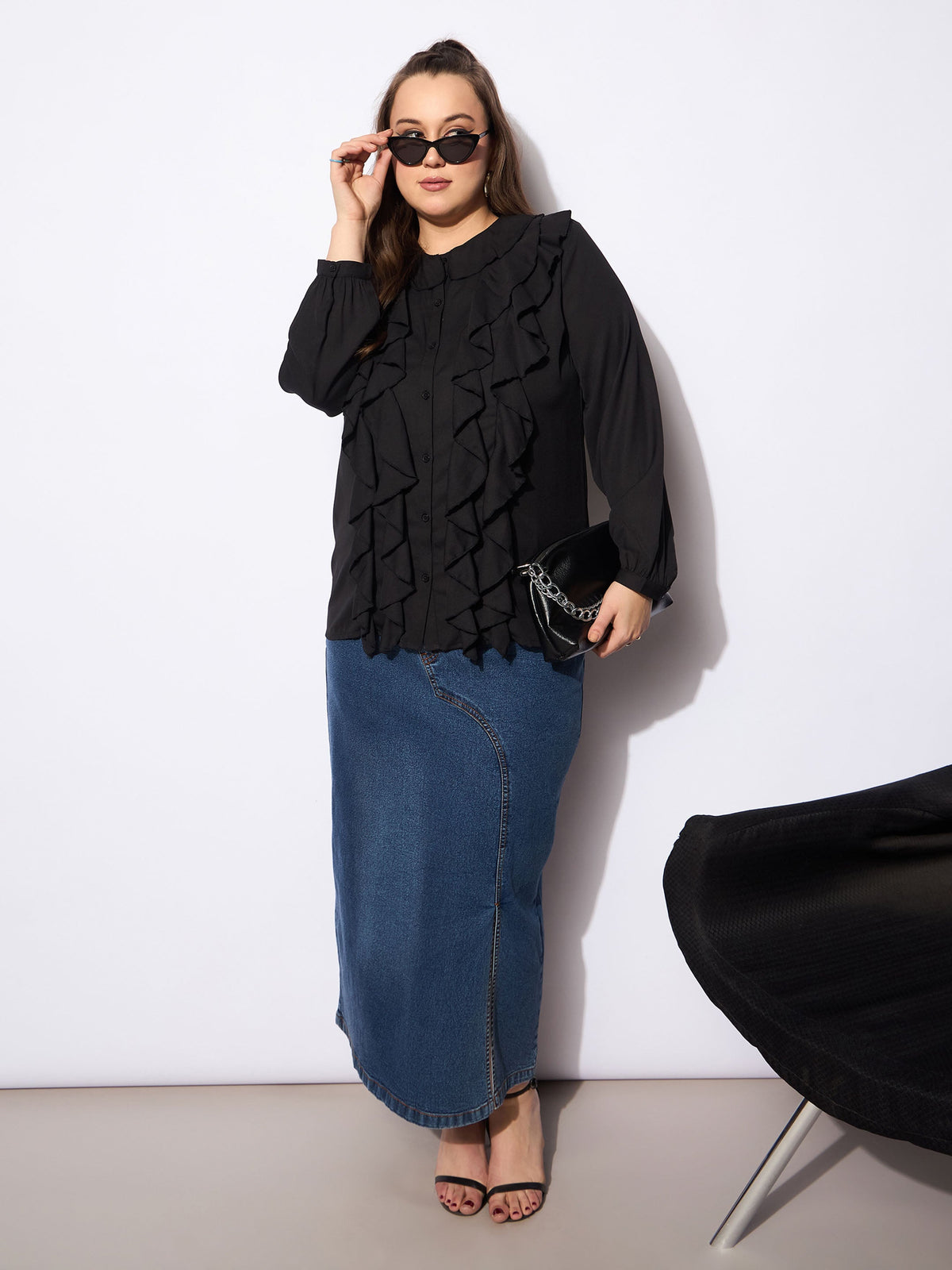 Black Solid Summercool Ruffle Shirt -SASSAFRAS Curve