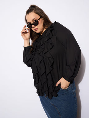 Black Solid Summercool Ruffle Shirt -SASSAFRAS Curve