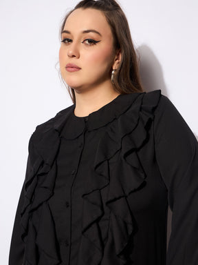 Black Solid Summercool Ruffle Shirt -SASSAFRAS Curve