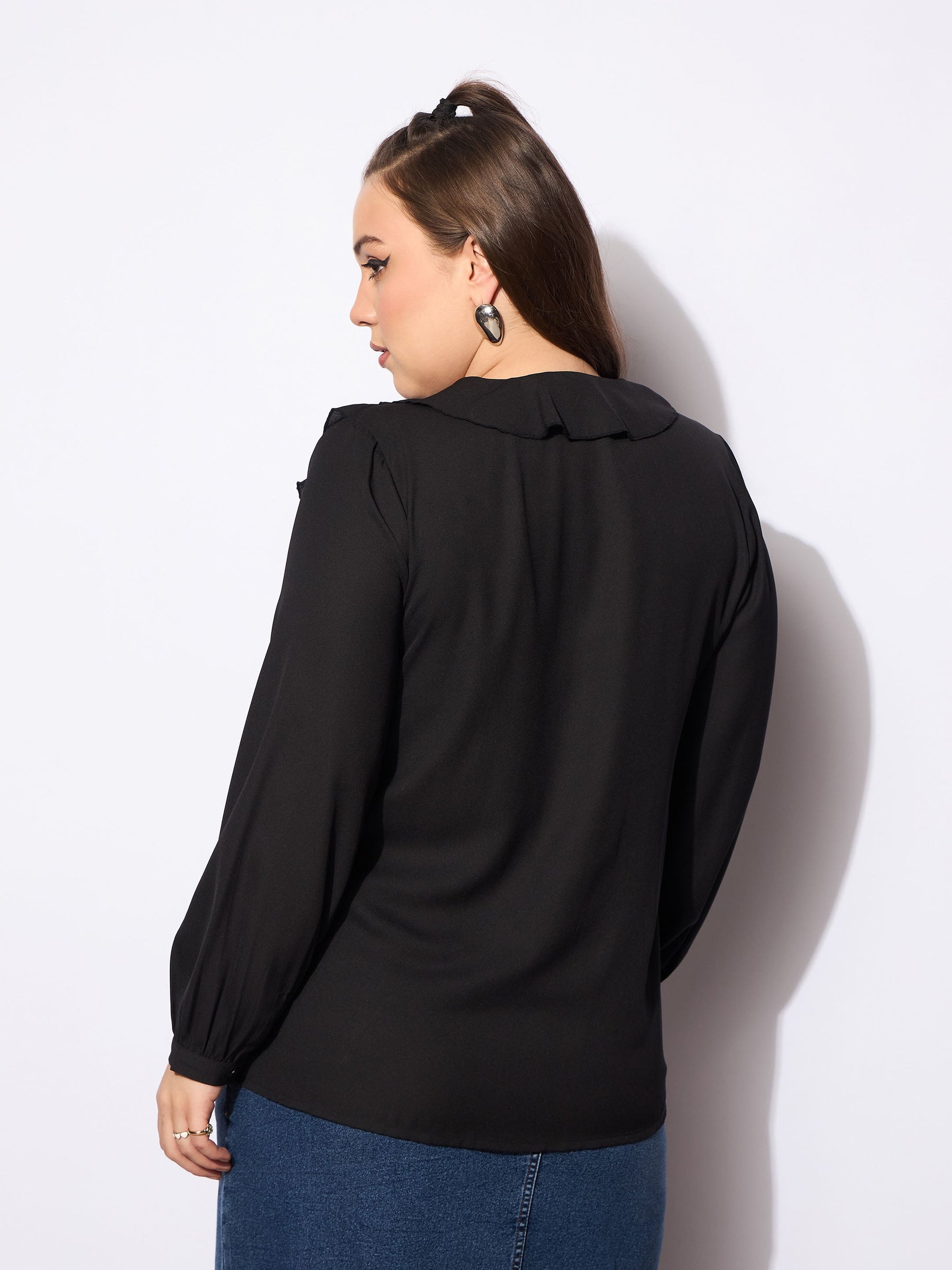 Black Solid Summercool Ruffle Shirt -SASSAFRAS Curve