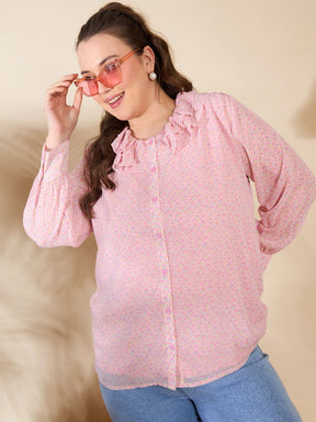 Pink Ditsy Floral Frill Neck Shirt -SASSAFRAS Curve