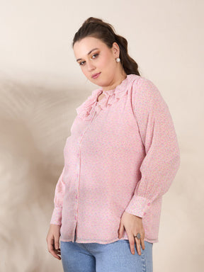 Pink Ditsy Floral Frill Neck Shirt -SASSAFRAS Curve