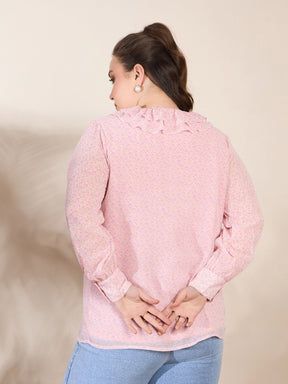 Pink Ditsy Floral Frill Neck Shirt -SASSAFRAS Curve