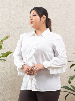 White Solid Front Button Ruffle Shirt-SASSAFRAS Curve