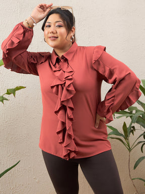 Rust Solid Front Button Ruffle Shirt -SASSAFRAS Curve