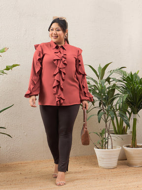 Rust Solid Front Button Ruffle Shirt -SASSAFRAS Curve