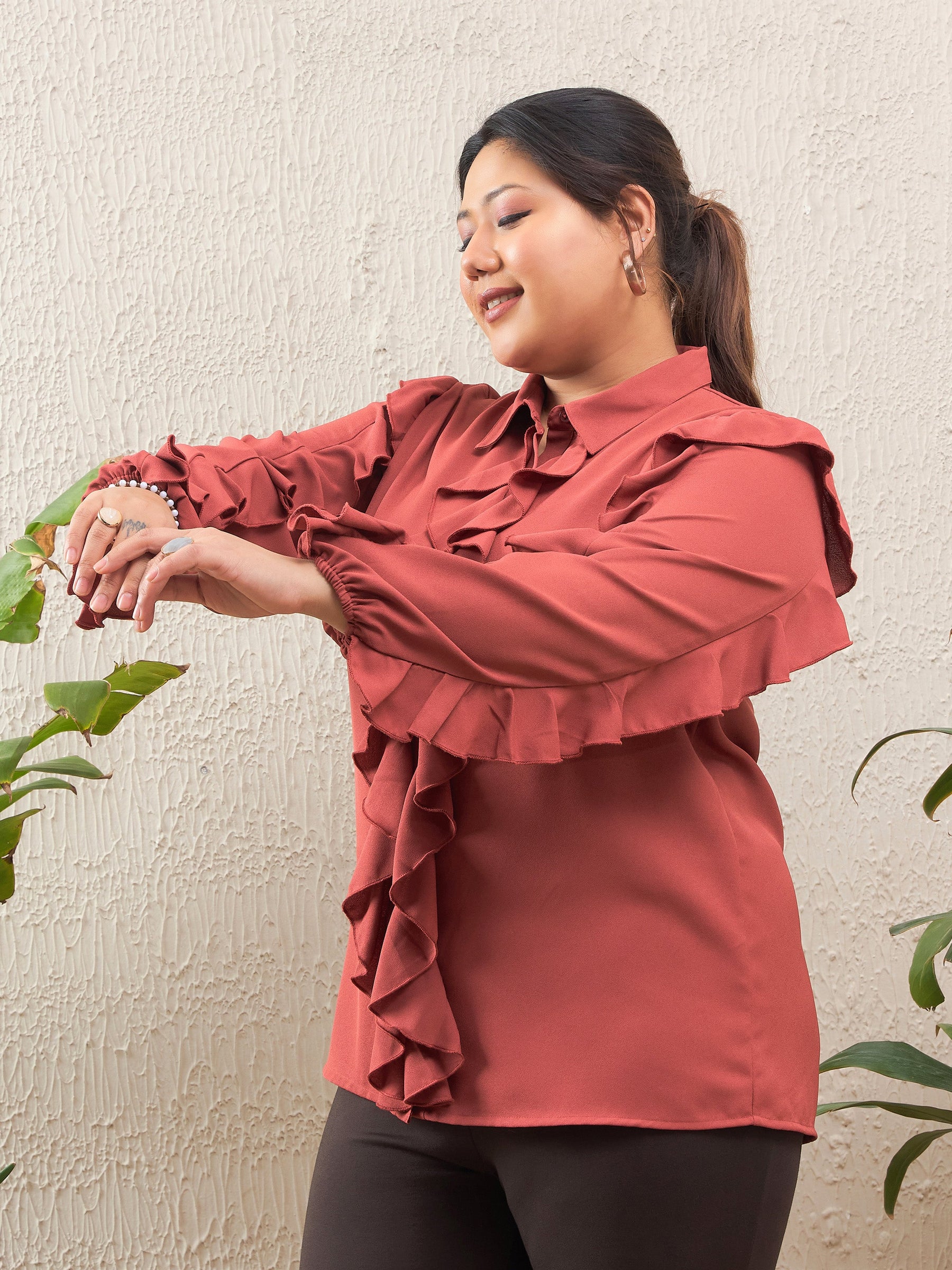 Rust Solid Front Button Ruffle Shirt -SASSAFRAS Curve