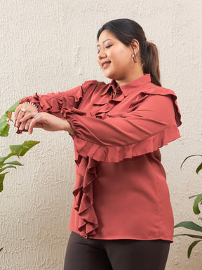 Rust Solid Front Button Ruffle Shirt -SASSAFRAS Curve