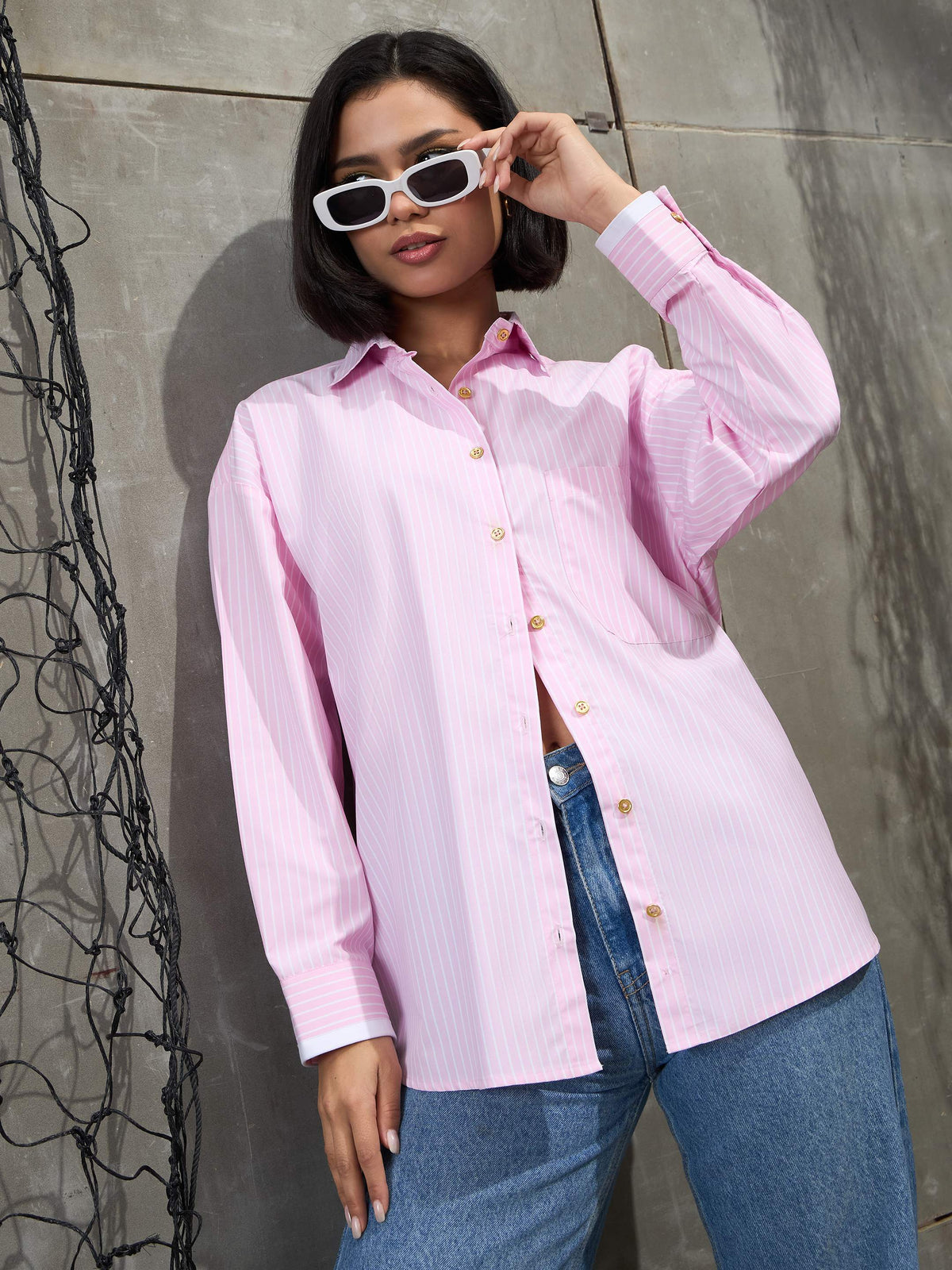 Pink & White Stripes Gold Buttons Oversized Shirt-SASSAFRAS