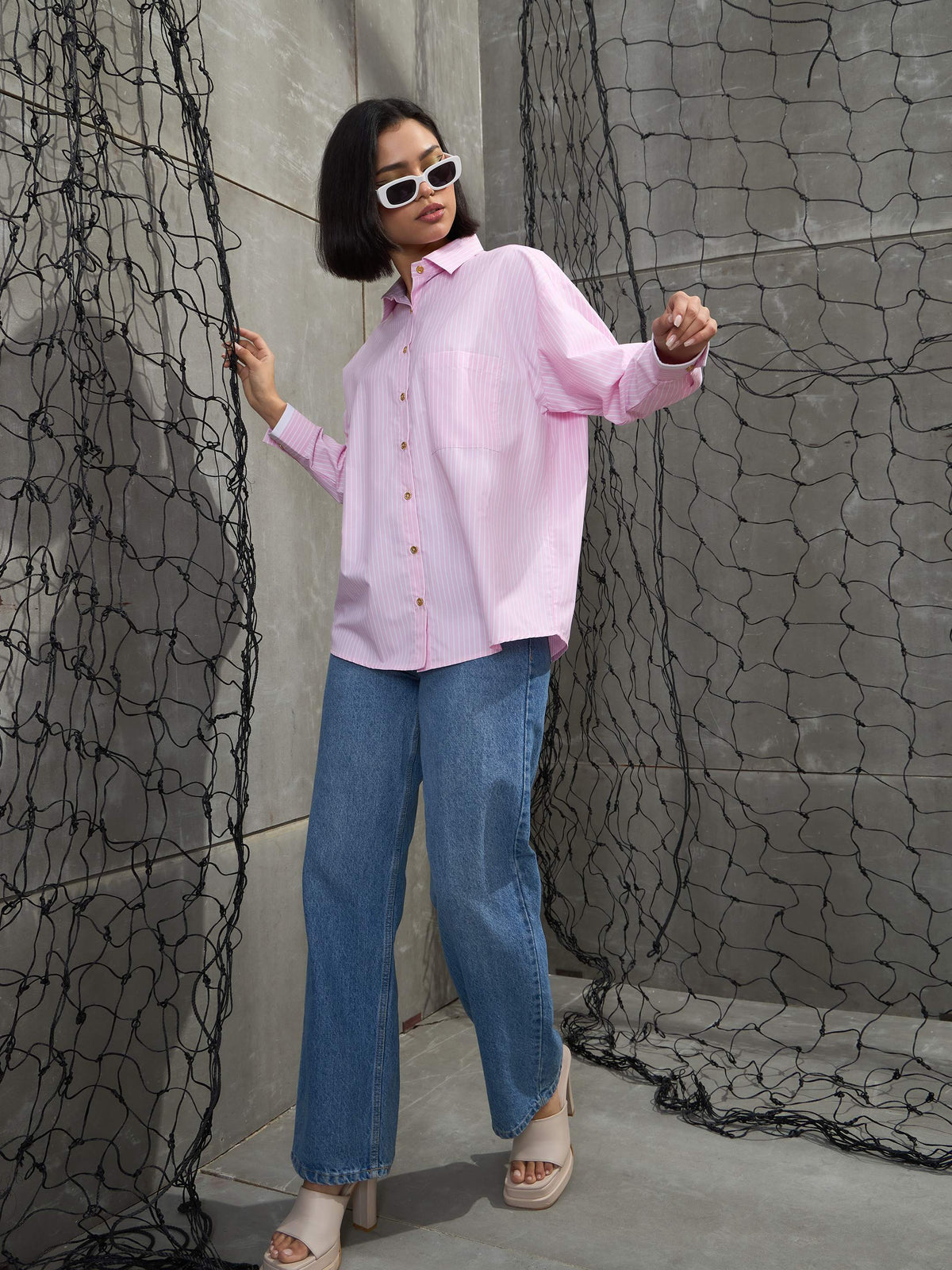 Pink & White Stripes Gold Buttons Oversized Shirt-SASSAFRAS