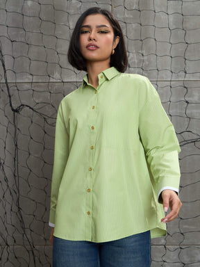 Green & White Stripes Gold Buttons Oversized Shirt-SASSAFRAS