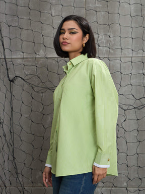 Green & White Stripes Gold Buttons Oversized Shirt-SASSAFRAS