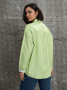 Green & White Stripes Gold Buttons Oversized Shirt-SASSAFRAS