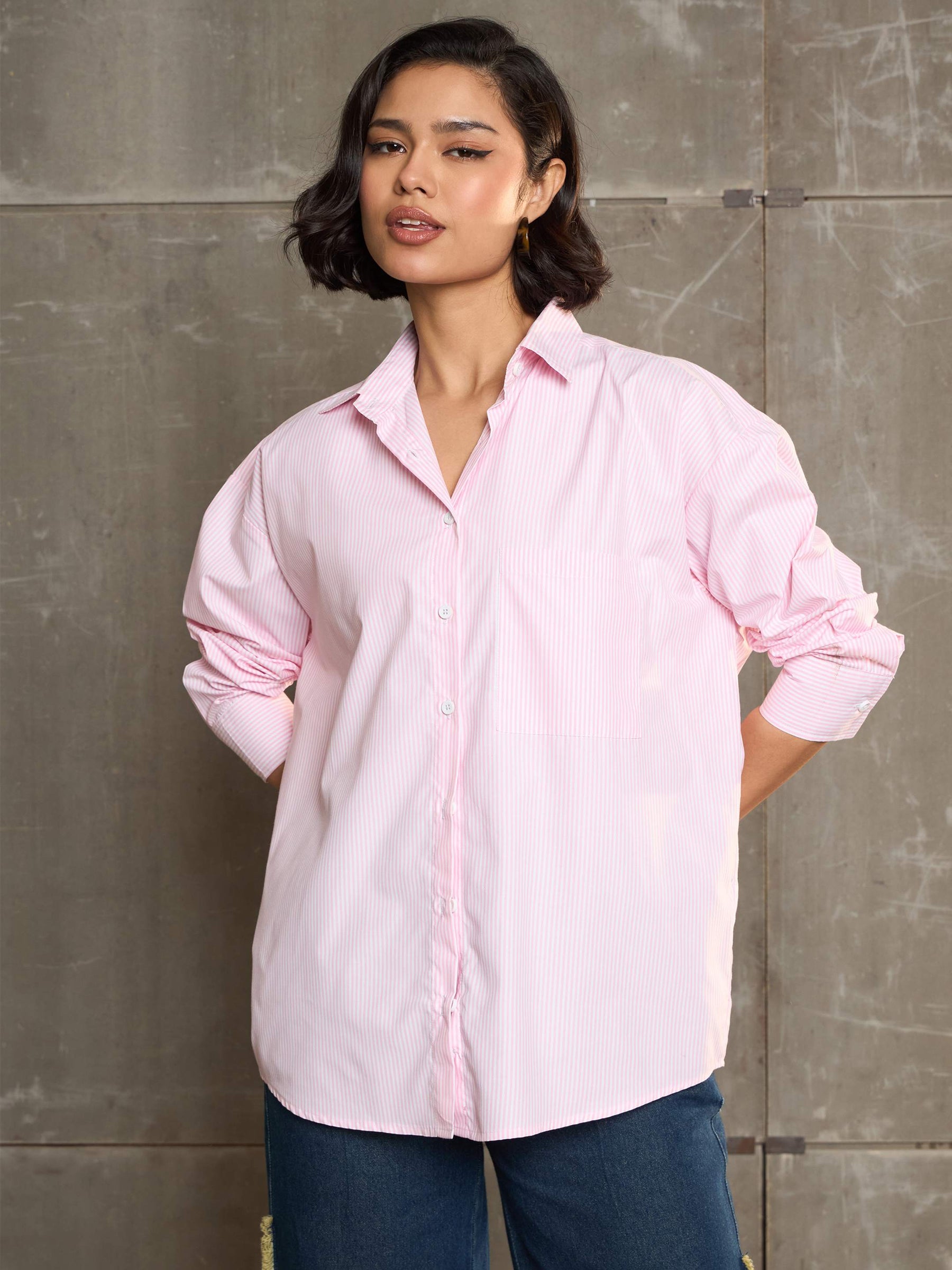 Pink & White Striped Oversized Shirt -SASSAFRAS