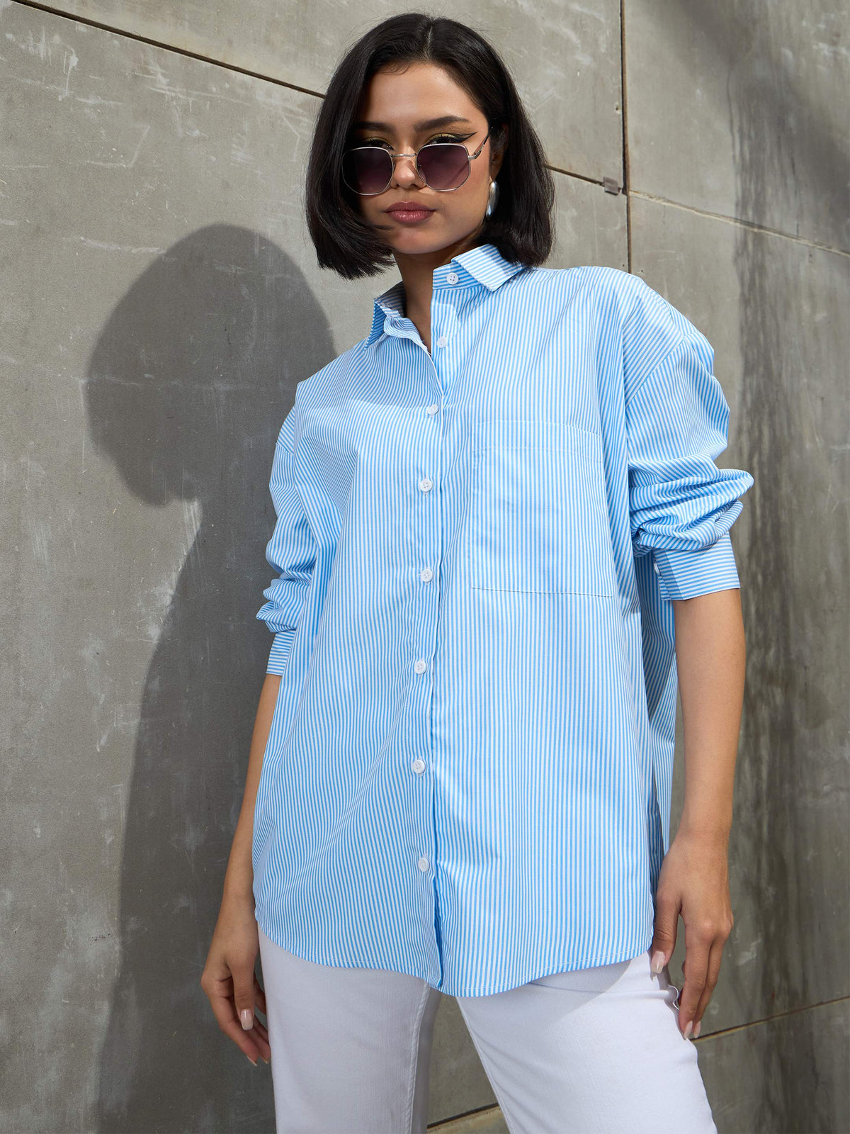 Blue & White Striped Oversized Shirt -SASSAFRAS