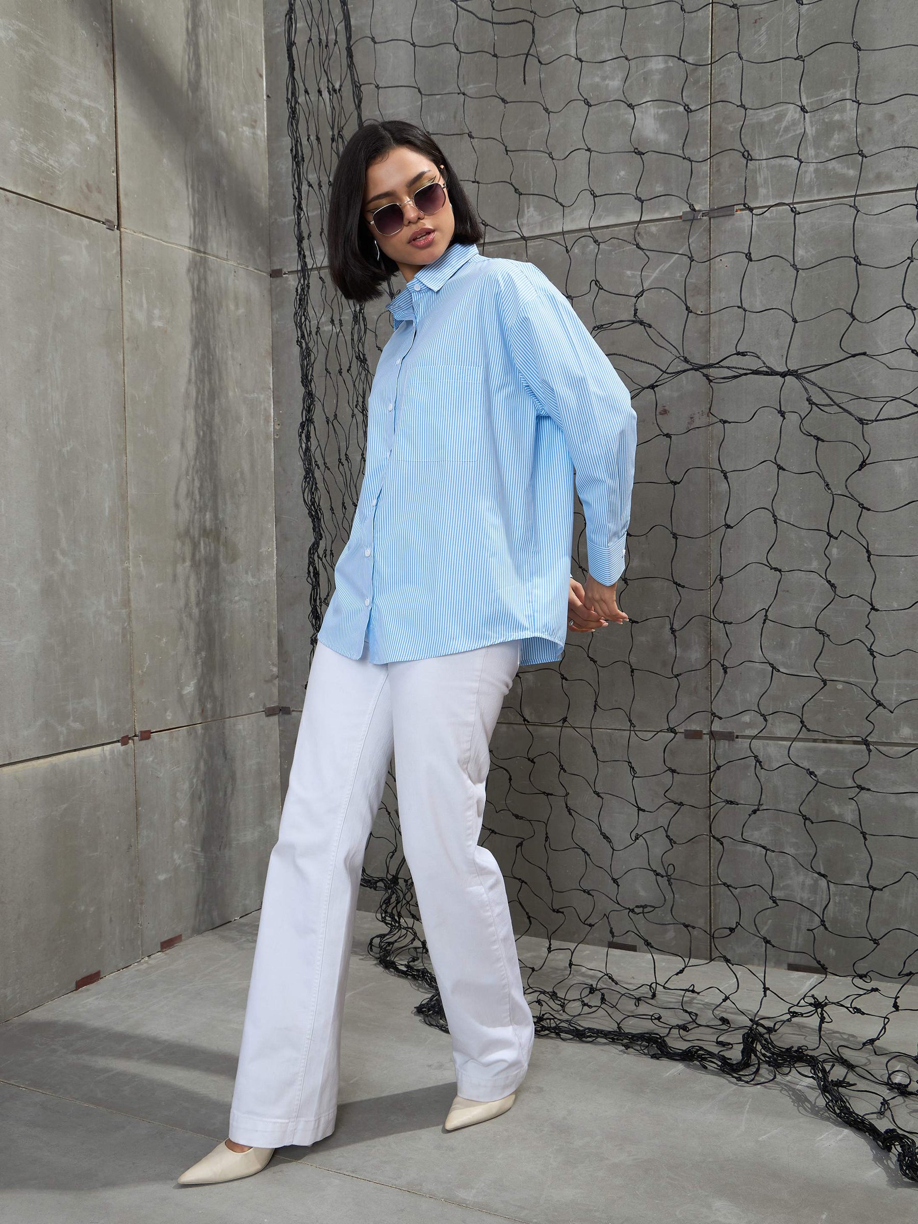 Blue & White Striped Oversized Shirt -SASSAFRAS