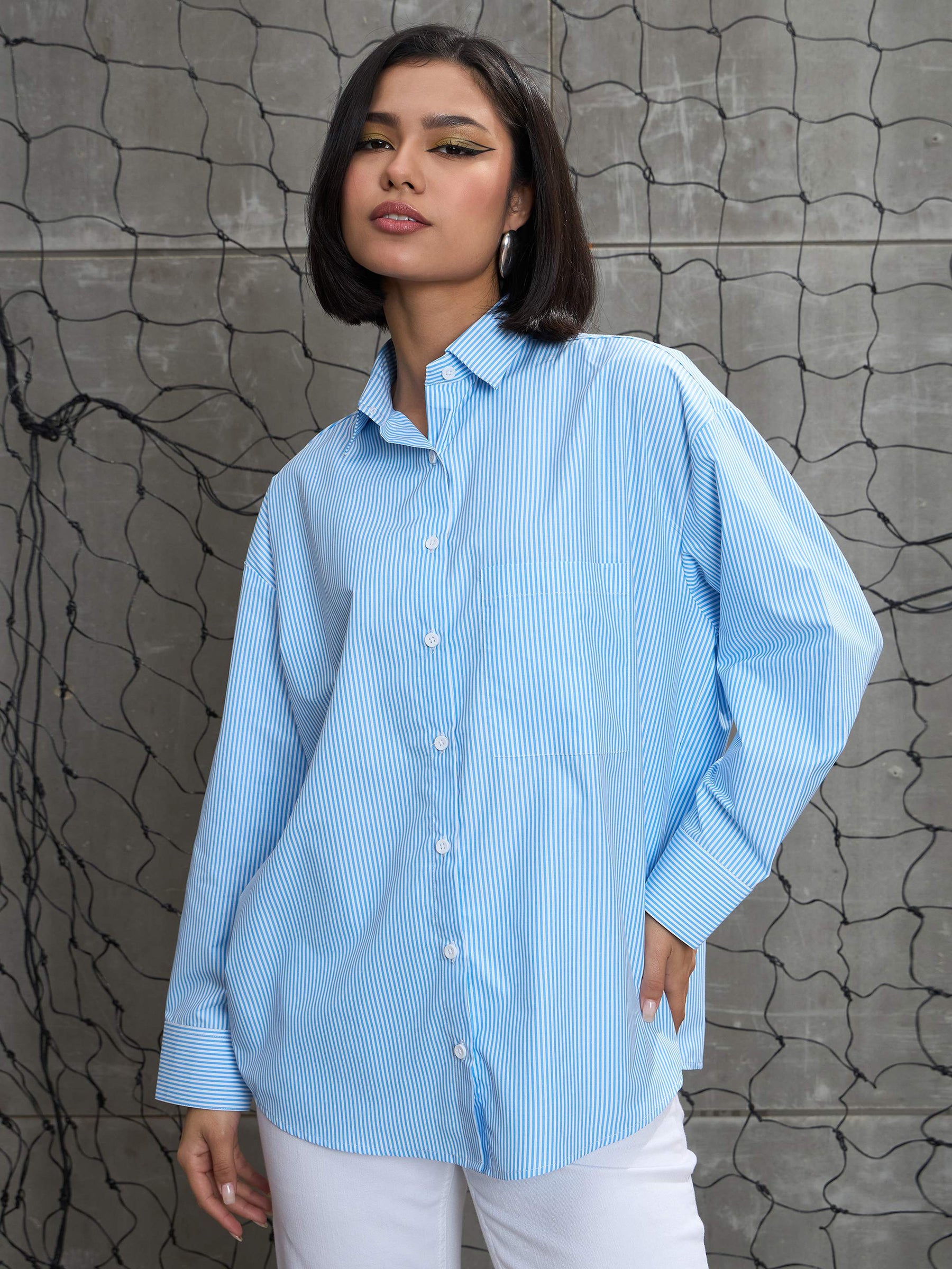 Blue & White Striped Oversized Shirt -SASSAFRAS