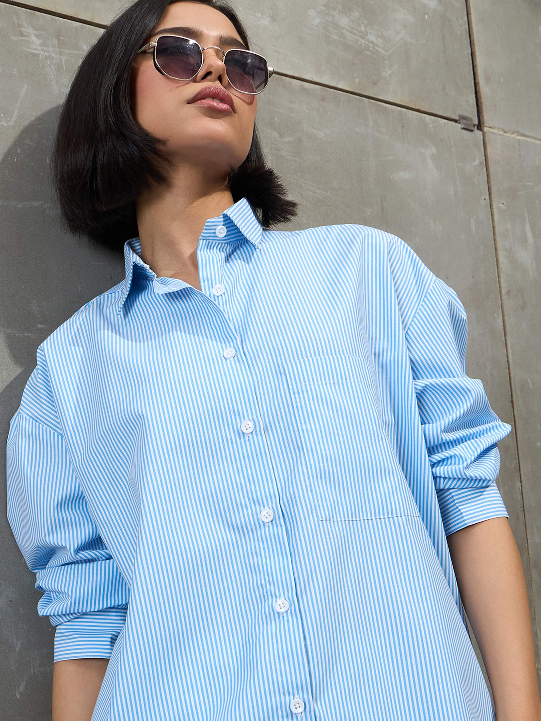 Blue & White Striped Oversized Shirt -SASSAFRAS