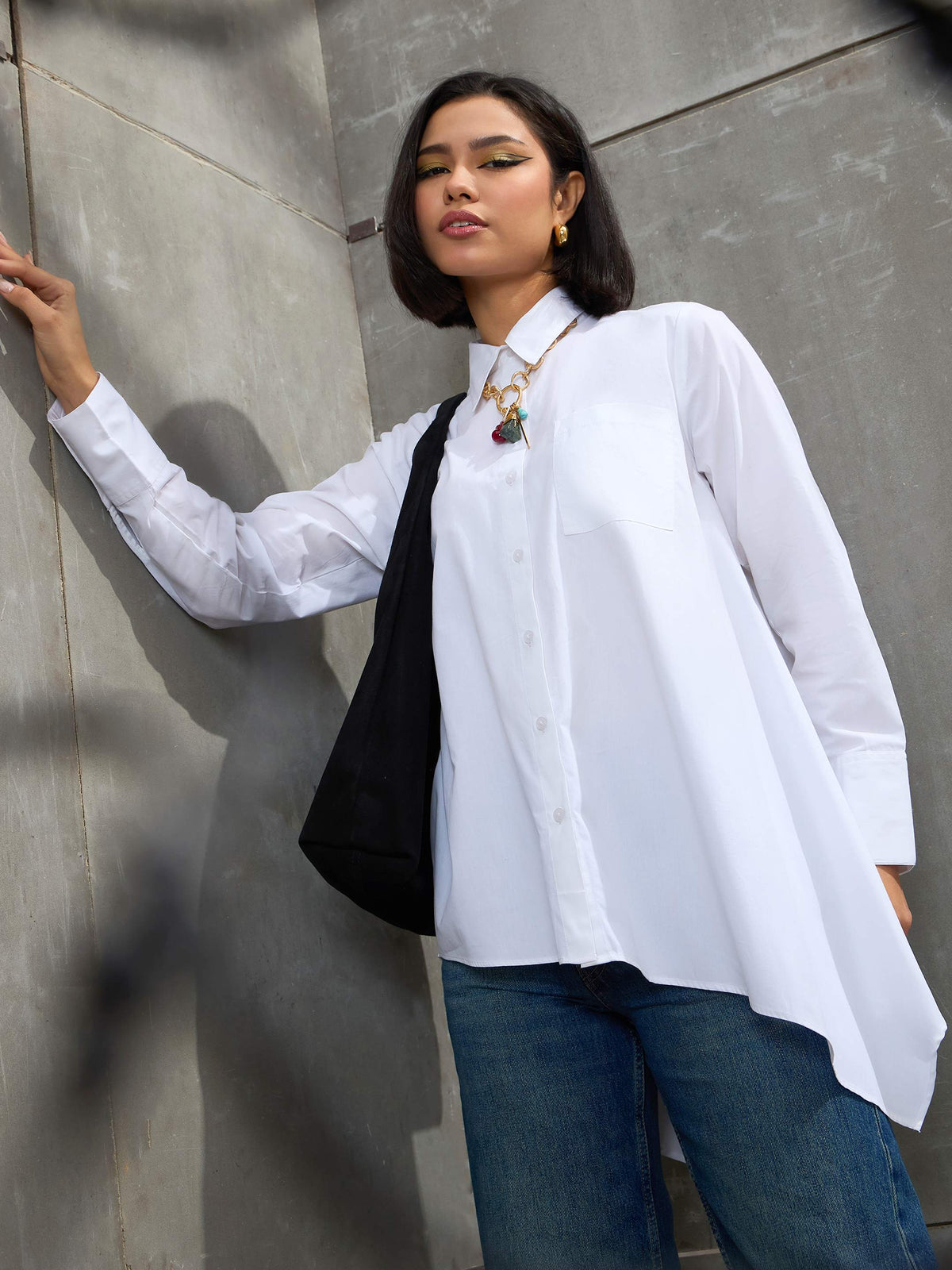 White Poplin Assymetric Hem Shirt-SASSAFRAS