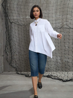 White Poplin Assymetric Hem Shirt-SASSAFRAS