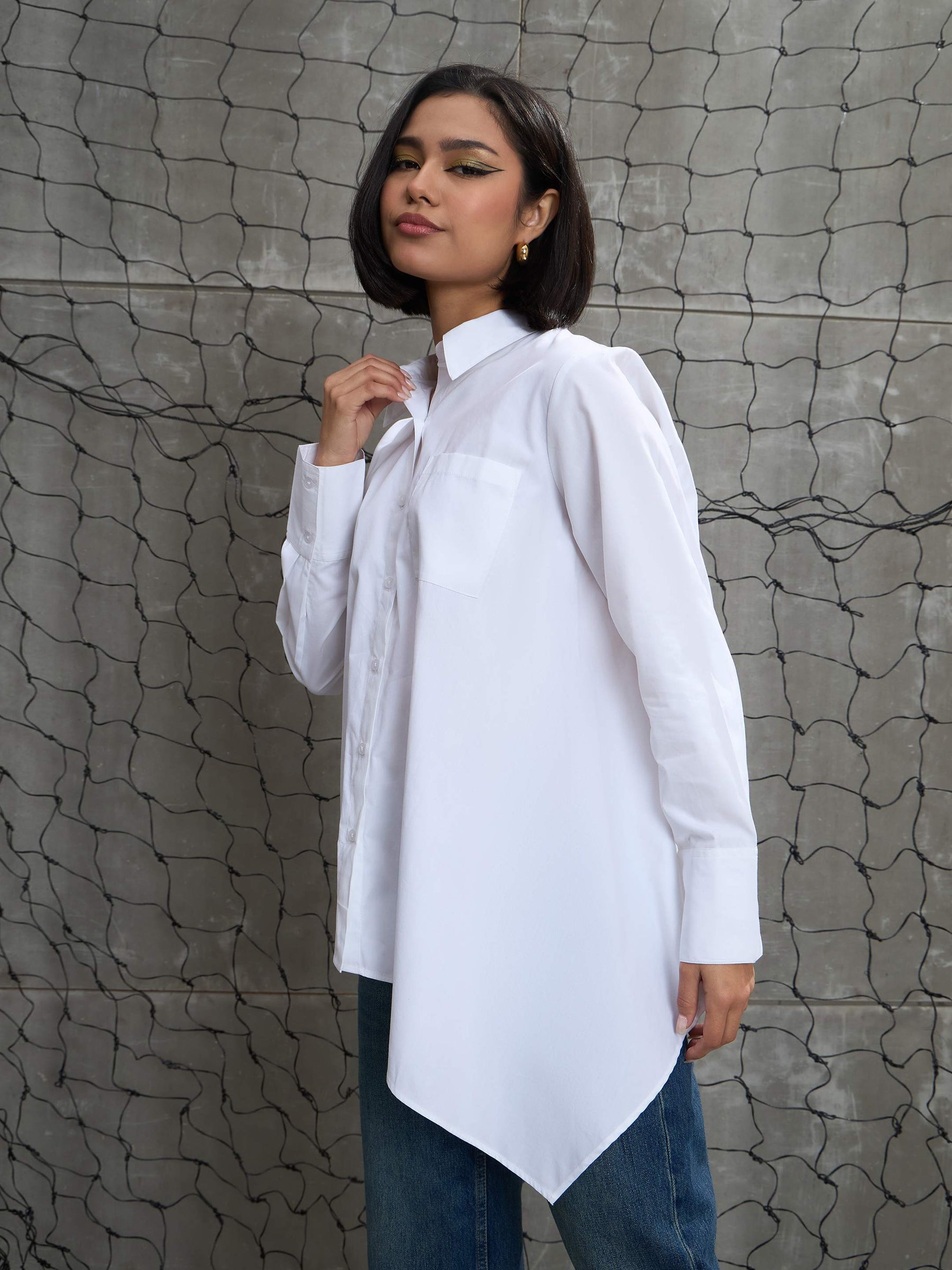 White Poplin Assymetric Hem Shirt-SASSAFRAS