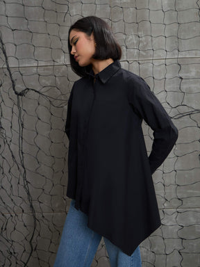 Black Poplin Assymetric Hem Shirt-SASSAFRAS