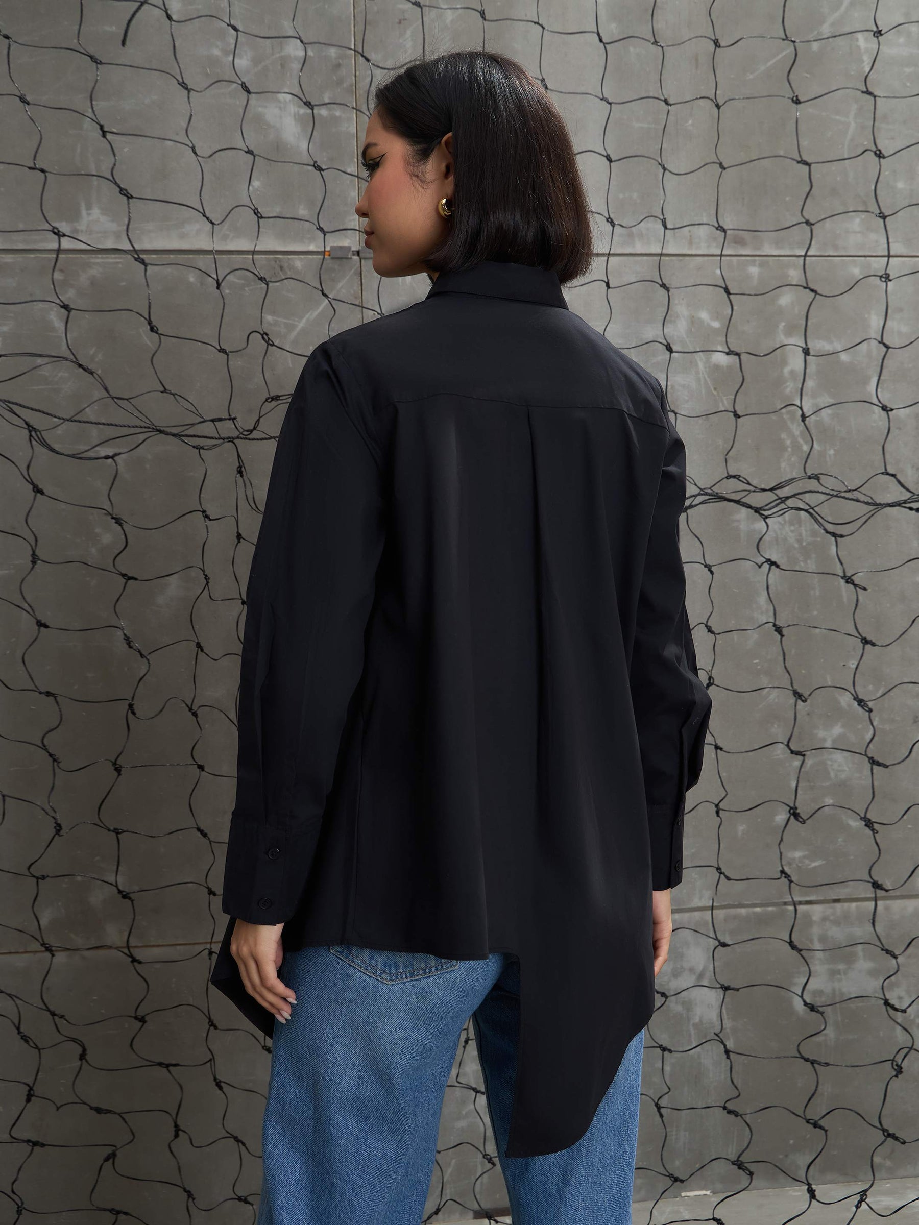 Black Poplin Assymetric Hem Shirt-SASSAFRAS