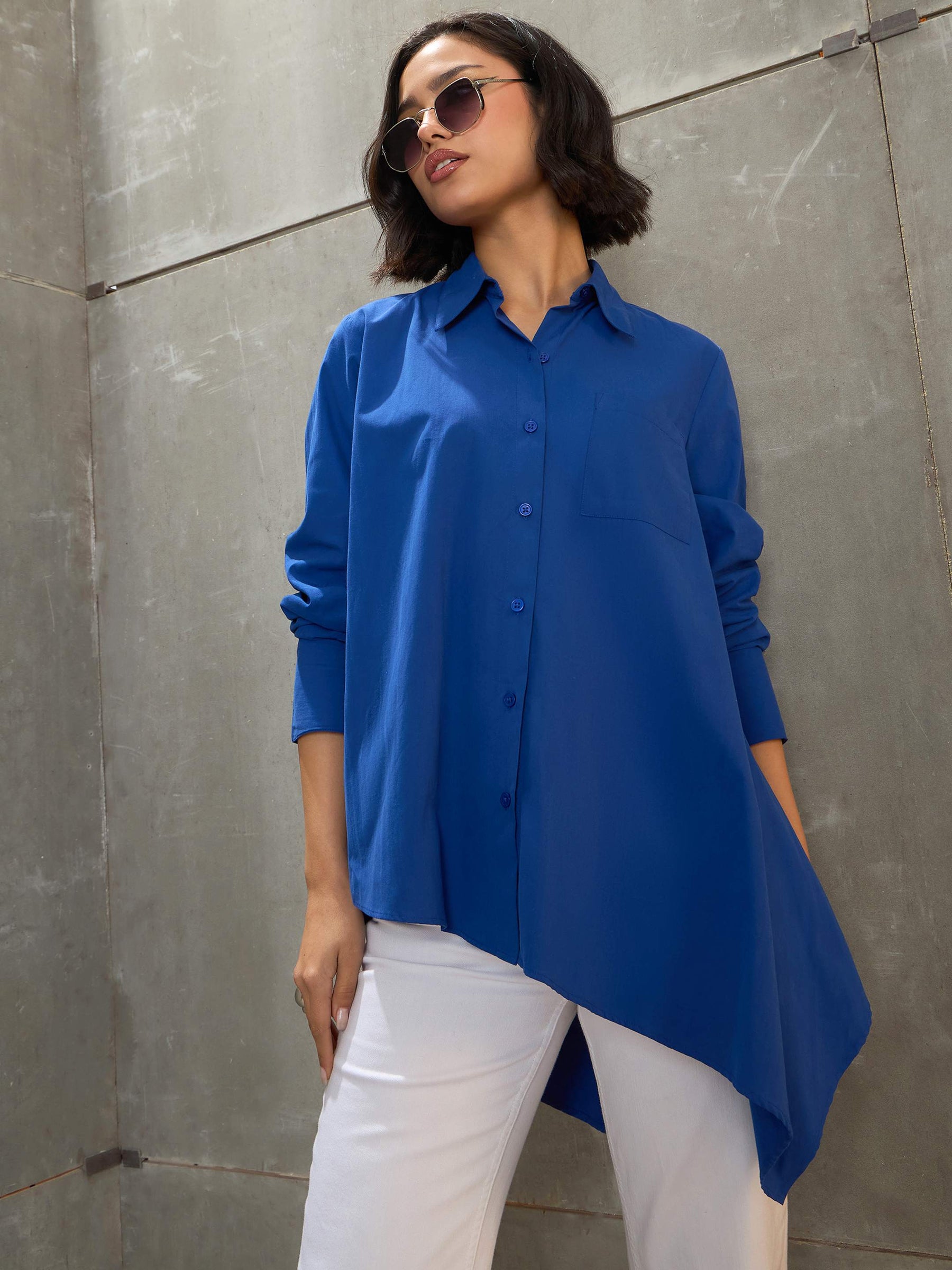 Royal Blue Poplin Assymetric Hem Shirt-SASSAFRAS