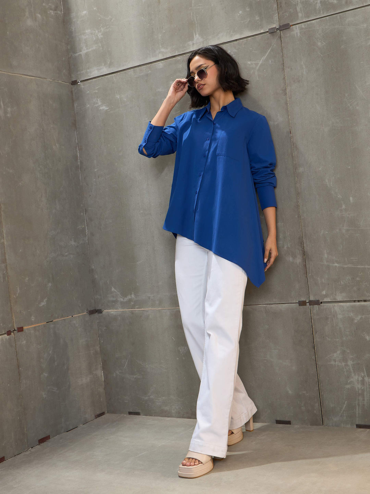 Royal Blue Poplin Assymetric Hem Shirt-SASSAFRAS