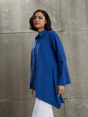 Royal Blue Poplin Assymetric Hem Shirt-SASSAFRAS