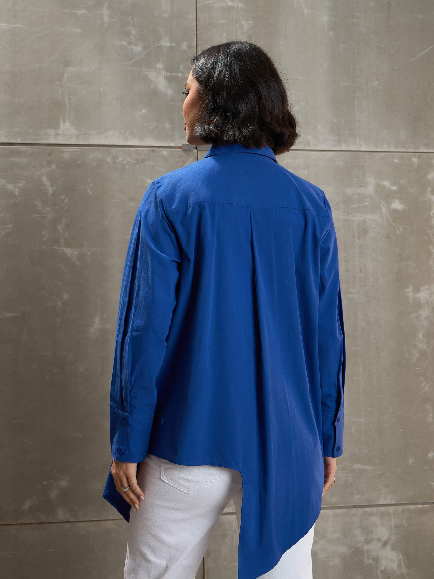 Royal Blue Poplin Assymetric Hem Shirt-SASSAFRAS