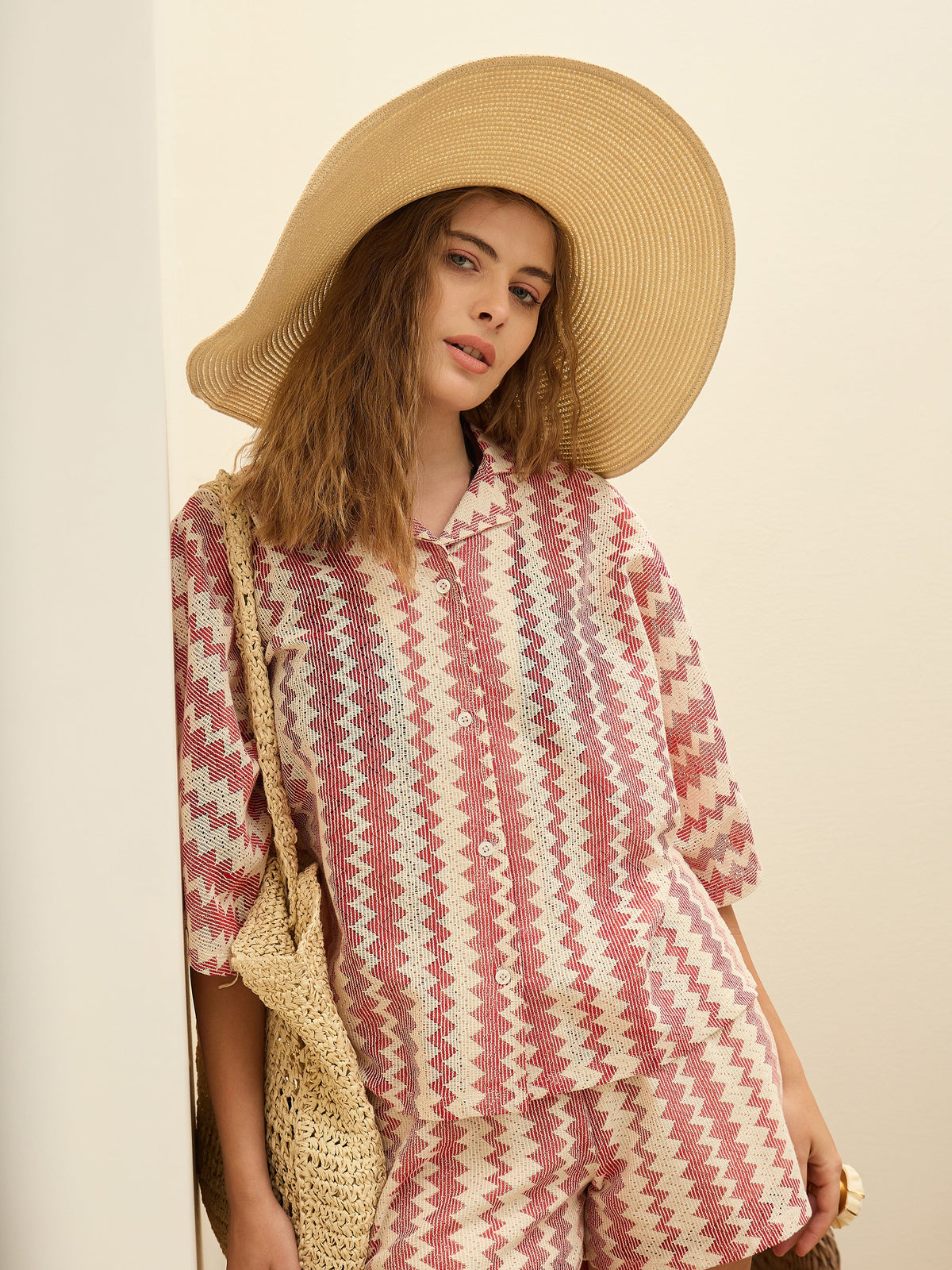 Red & Beige Chevron Stripe Oversized Shirt-SFSHRT20598