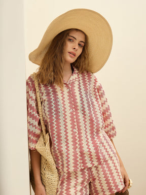 Red & Beige Chevron Stripe Oversized Shirt-SFSHRT20598