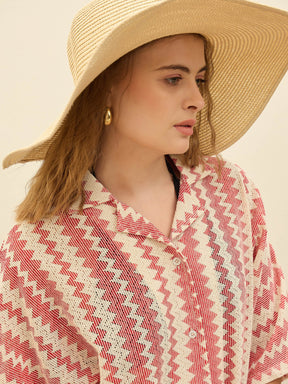 Red & Beige Chevron Stripe Oversized Shirt-SFSHRT20598